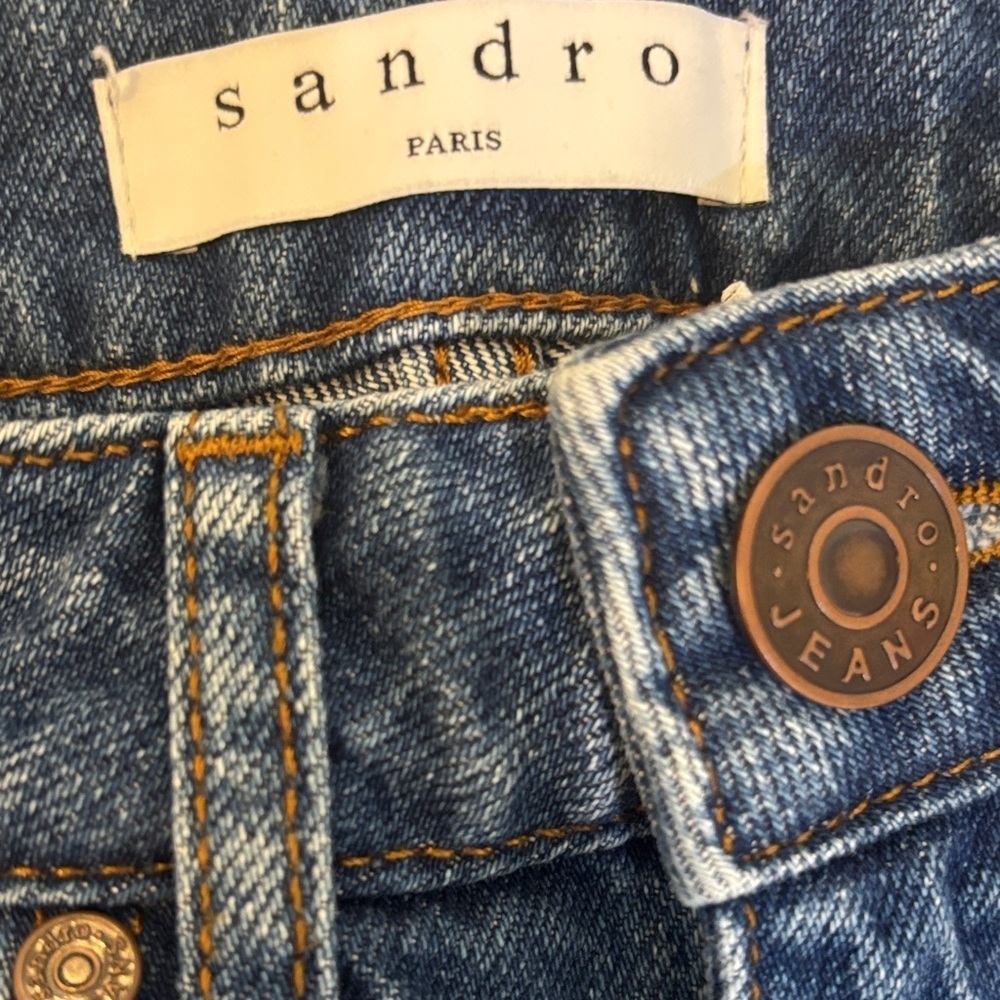 Sandro Paris Vicky Medium Wash Split Distressed Hem Straight Jeans Size 34 - Picture 3 of 7